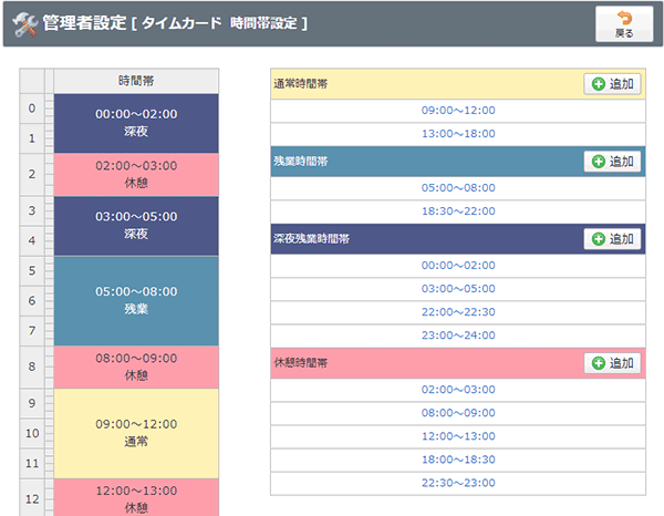 タイムカードの時間帯設定