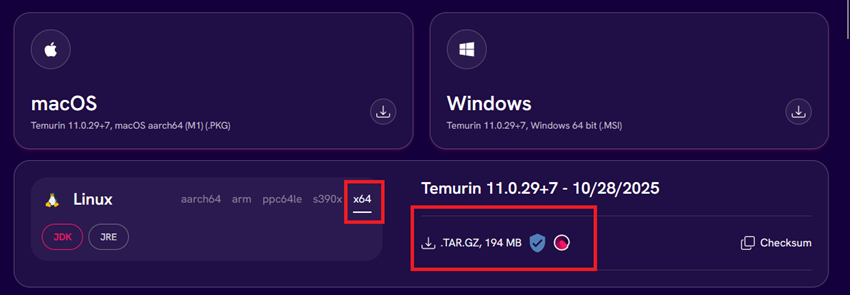 Temurinのダウンロード手順